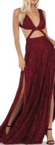 Royal Queen RQ7736 Glitter Lace Double High Slits Burgundy Dress